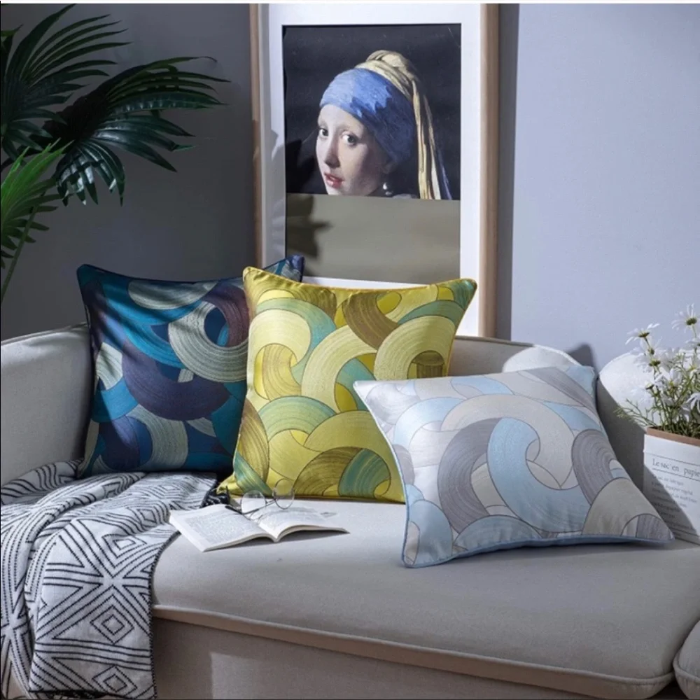 Luxury Home | Elegant Sky Blue Jaquard Embroidered Geo Design Throw Pillow Cover